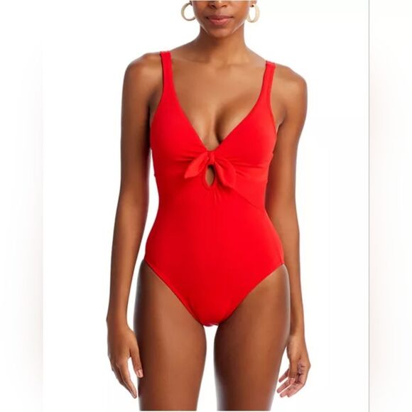 Robin Piccone Ava Plunge Neck Tie-Front One Piece Swimsuit NWT Size 14 Fiery Red - Picture 1 of 5